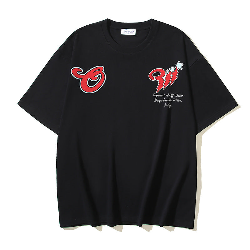 Off White T Shirts Cartoon Arrow Pattern Crew Neck Pullover Short Sleeves