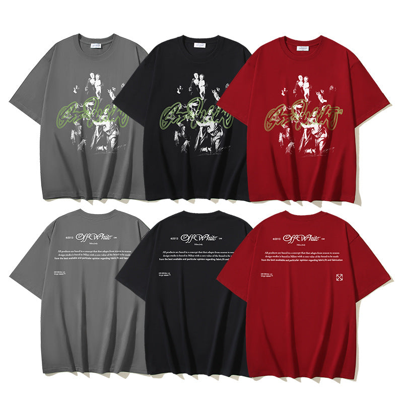 Off White T Shirts OW Vintage Oil Painting Portrait Crew Neck Pullover Short Sleeves