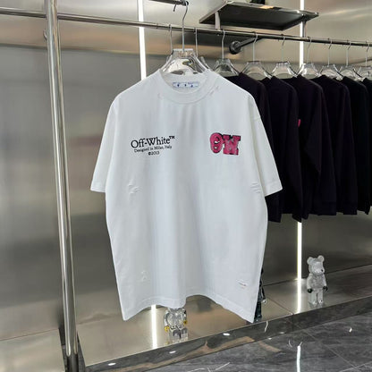 Off White T Shirts OW Ripped Foam Arrow Crew Neck Pullover Short Sleeves