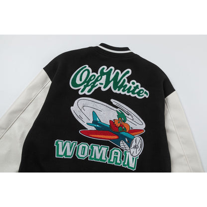 Off White Jacket Spring and Autumn OW Cartoon Bird Pattern Baseball Jacket Jacket