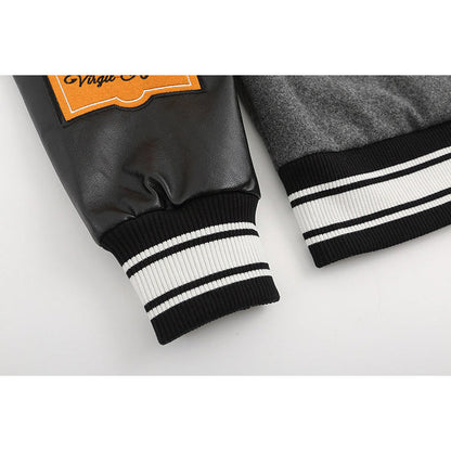Off White Jacket Spring OW Skull Decal Woolen Splicing Leather Sleeve Heavy Industry Embroidered Jacket