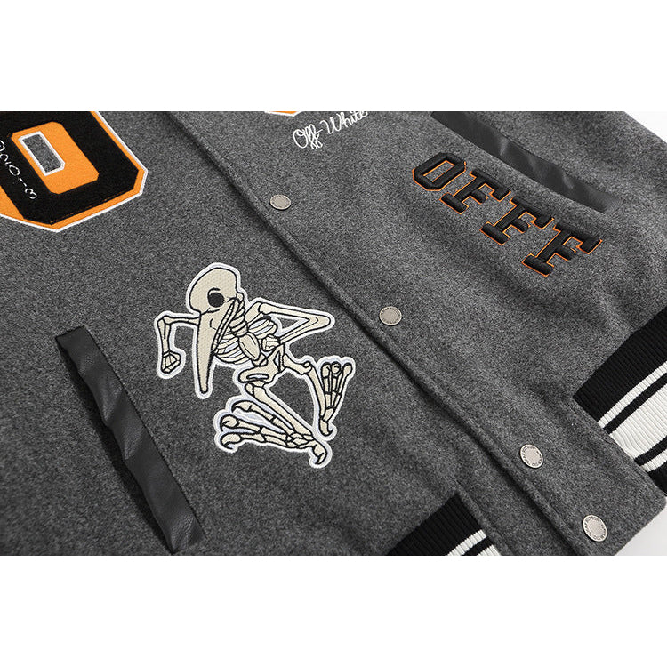 Off White Jacket Spring OW Skull Decal Woolen Splicing Leather Sleeve Heavy Industry Embroidered Jacket