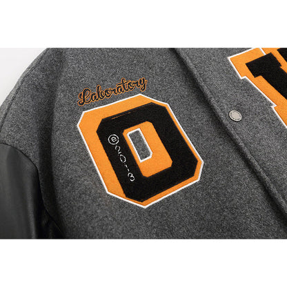 Off White Jacket Spring OW Skull Decal Woolen Splicing Leather Sleeve Heavy Industry Embroidered Jacket