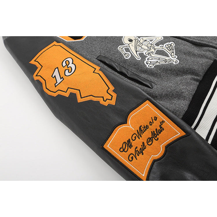 Off White Jacket Spring OW Skull Decal Woolen Splicing Leather Sleeve Heavy Industry Embroidered Jacket