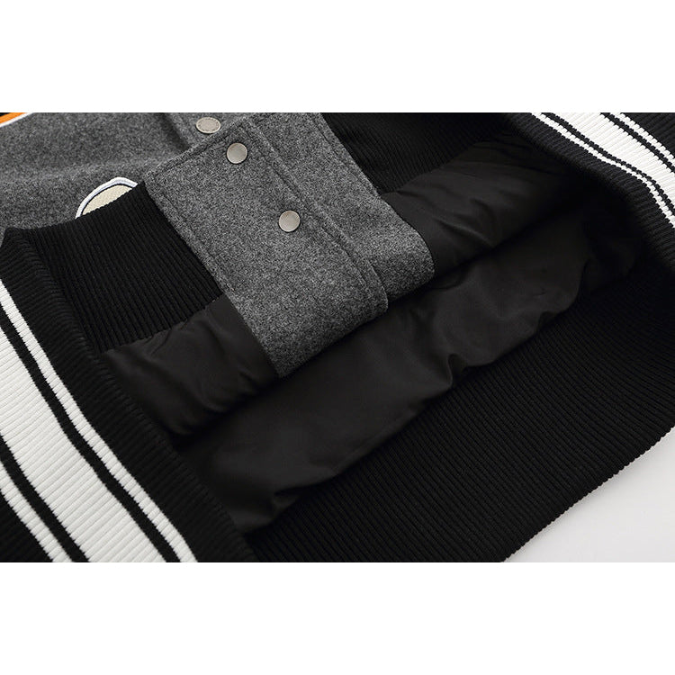 Off White Jacket Spring OW Skull Decal Woolen Splicing Leather Sleeve Heavy Industry Embroidered Jacket