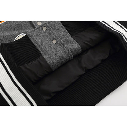 Off White Jacket Spring OW Skull Decal Woolen Splicing Leather Sleeve Heavy Industry Embroidered Jacket