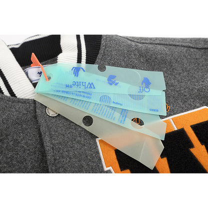 Off White Jacket Spring OW Skull Decal Woolen Splicing Leather Sleeve Heavy Industry Embroidered Jacket
