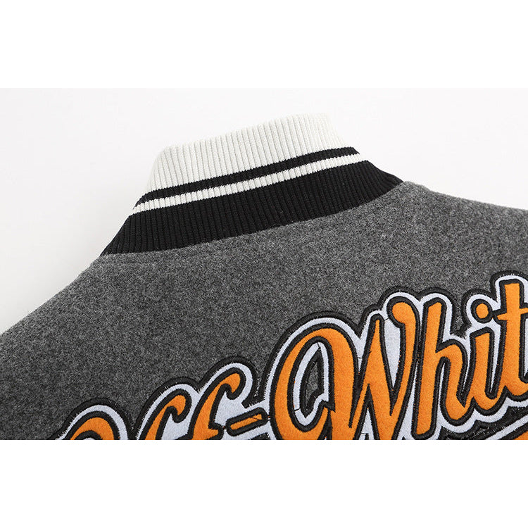 Off White Jacket Spring OW Skull Decal Woolen Splicing Leather Sleeve Heavy Industry Embroidered Jacket