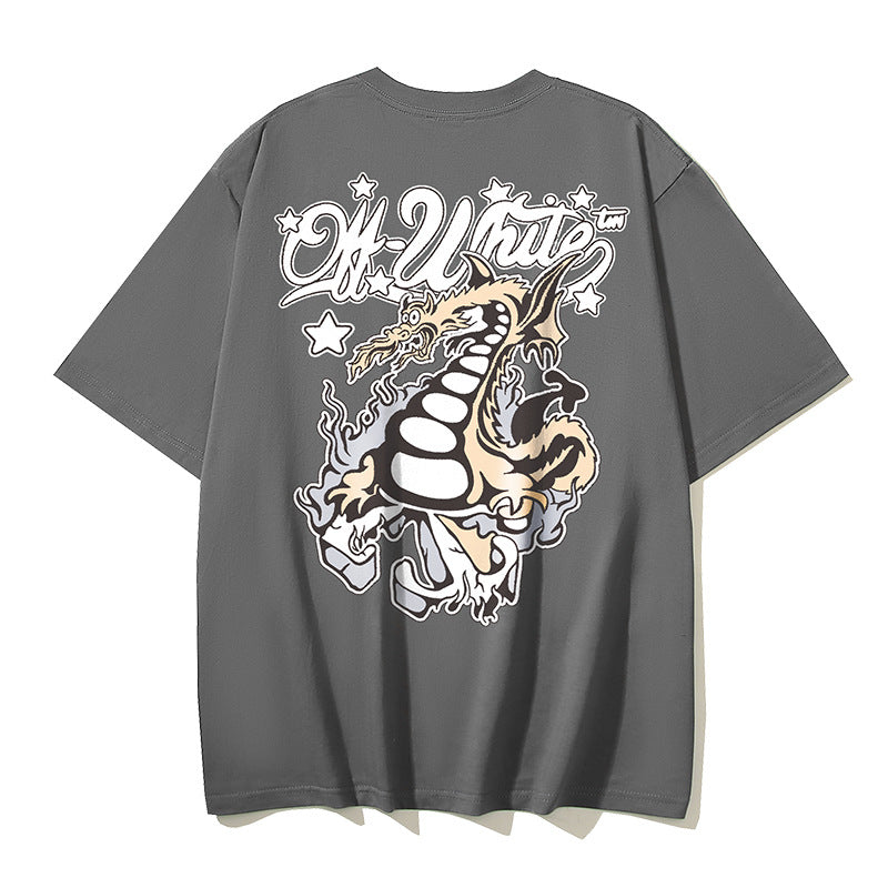 Off White T Shirts OW Dragon Letter Pattern Crew Neck Pullover Short Sleeves