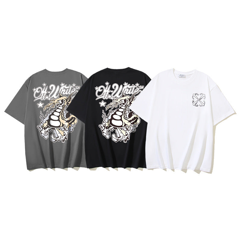 Off White T Shirts OW Dragon Letter Pattern Crew Neck Pullover Short Sleeves
