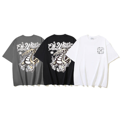 Off White T Shirts OW Dragon Letter Pattern Crew Neck Pullover Short Sleeves
