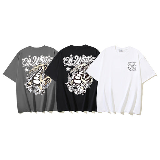 Off White T Shirts OW Dragon Letter Pattern Crew Neck Pullover Short Sleeves