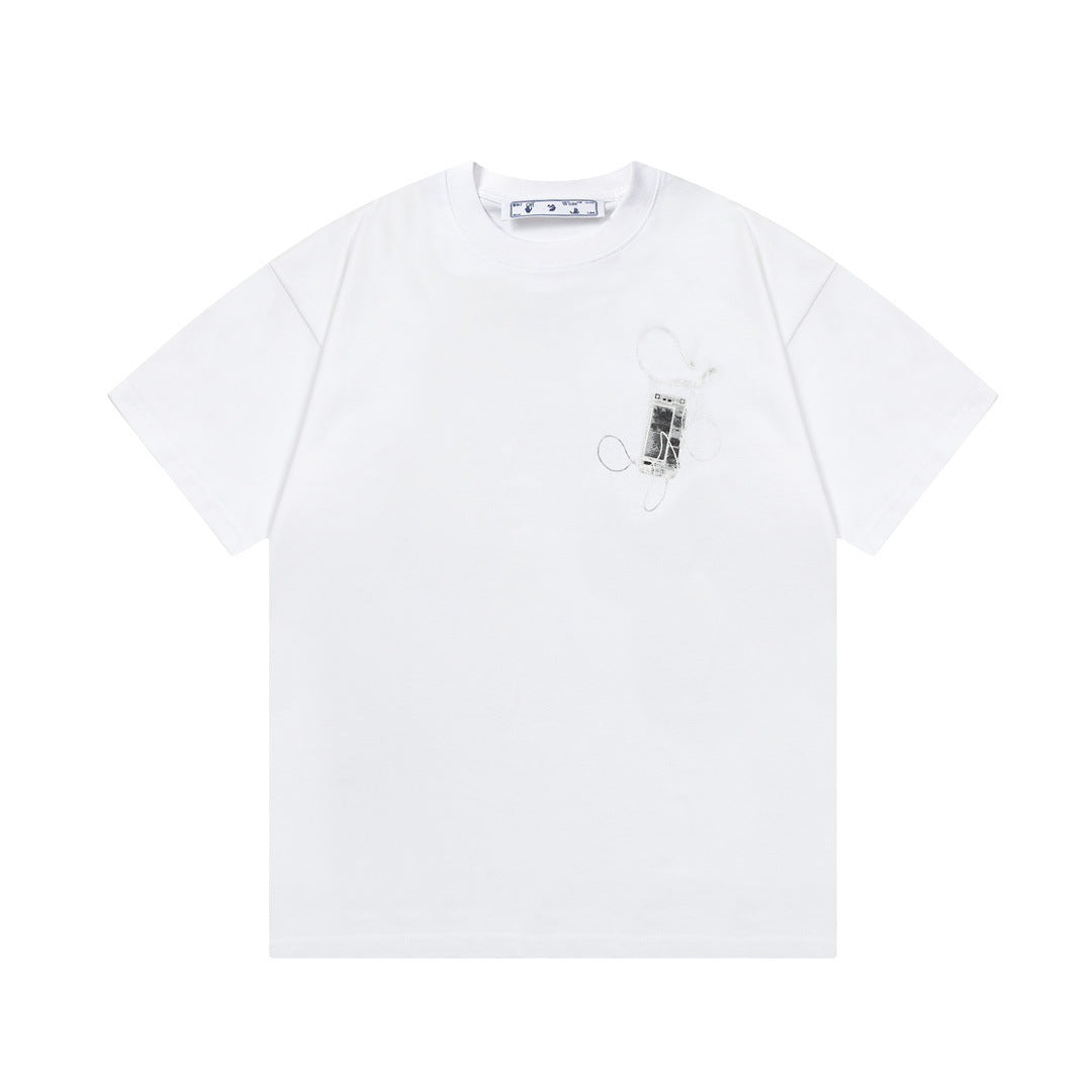 Off White T Shirts OW Headphones Flower Pattern Crew Neck Pullover Short Sleeves