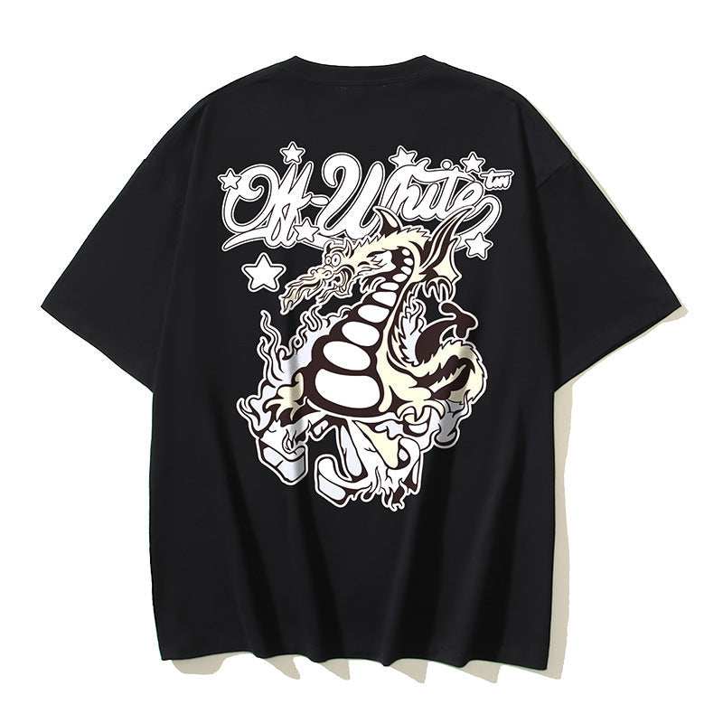 Off White T Shirts OW Dragon Letter Pattern Crew Neck Pullover Short Sleeves