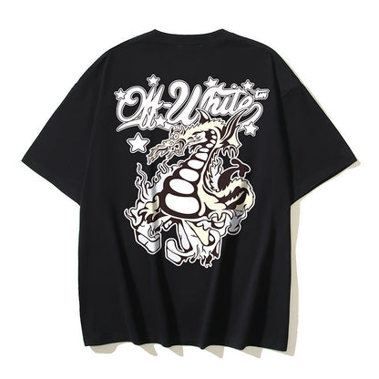 Off White T Shirts OW Dragon Letter Pattern Crew Neck Pullover Short Sleeves