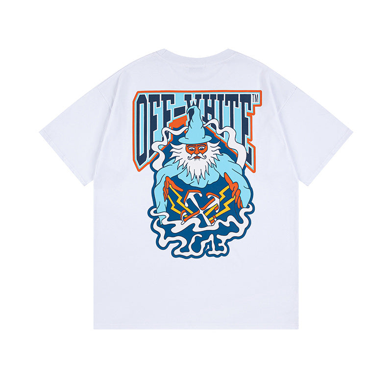 Off White T Shirts OW Cartoon Wizard Pattern Crew Neck Pullover Short Sleeves