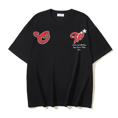 Off White T Shirts Cartoon Arrow Pattern Crew Neck Pullover Short Sleeves