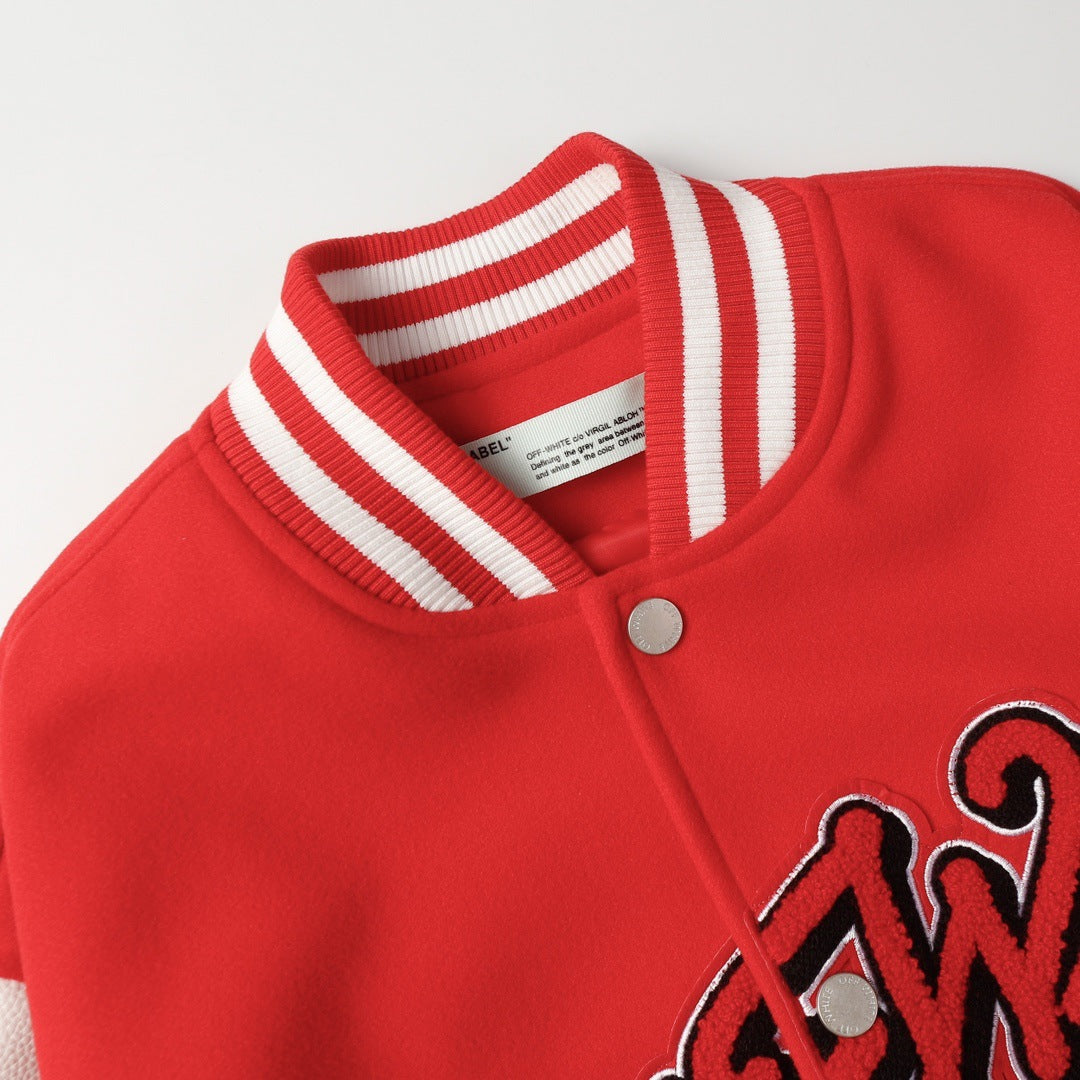 Off White Jacket Spring and Autumn OW Joint Team Pattern Baseball Jacket Jacket