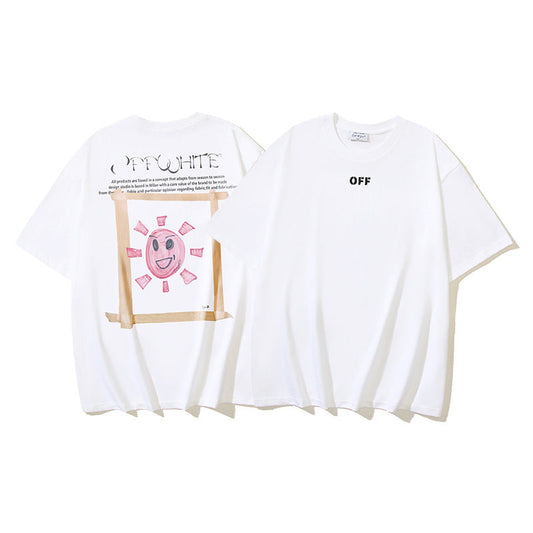 Off White T Shirts OW Sun Moon Print Crew Neck Pullover Short Sleeves