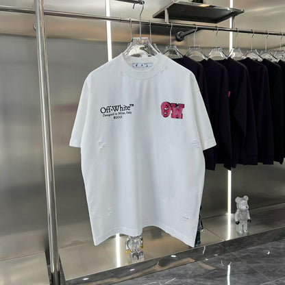 Off White T Shirts OW Ripped Foam Arrow Crew Neck Pullover Short Sleeves