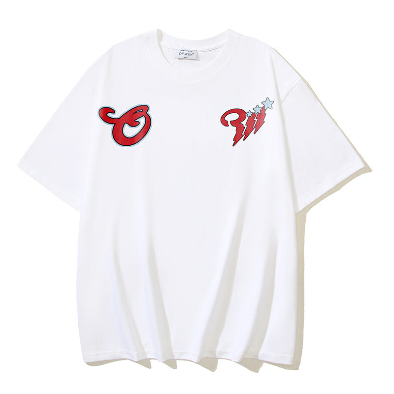 Off White T Shirts Cartoon Arrow Pattern Crew Neck Pullover Short Sleeves