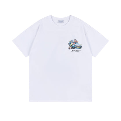 Off White T Shirts OW Angel Car Pattern Crew Neck Pullover Short Sleeves
