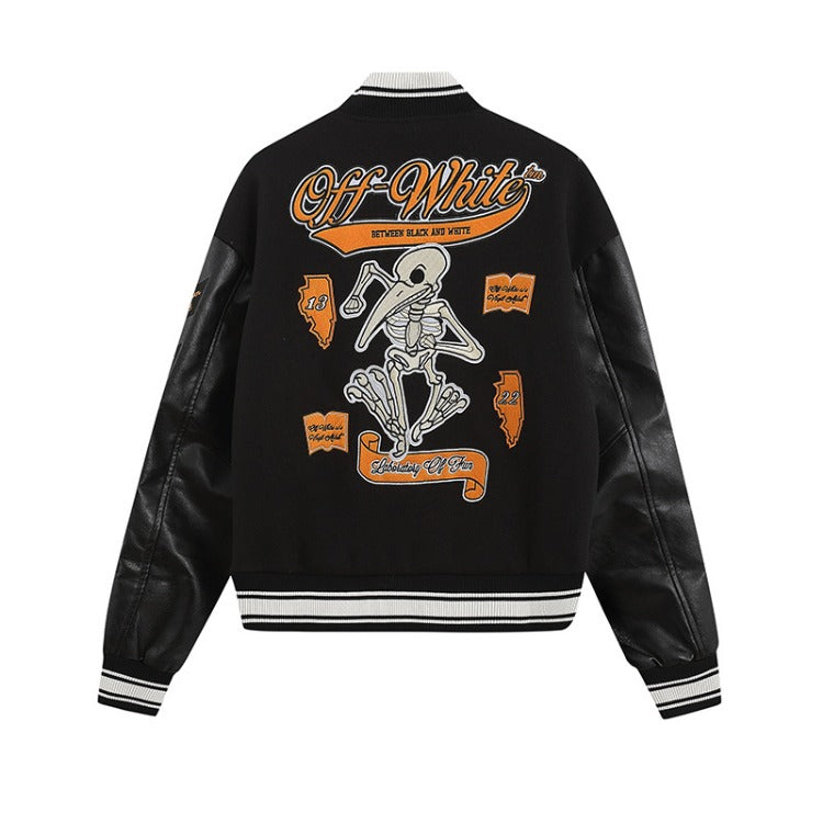 Off White Jacket Spring OW Skull Decal Woolen Splicing Leather Sleeve Heavy Industry Embroidered Jacket